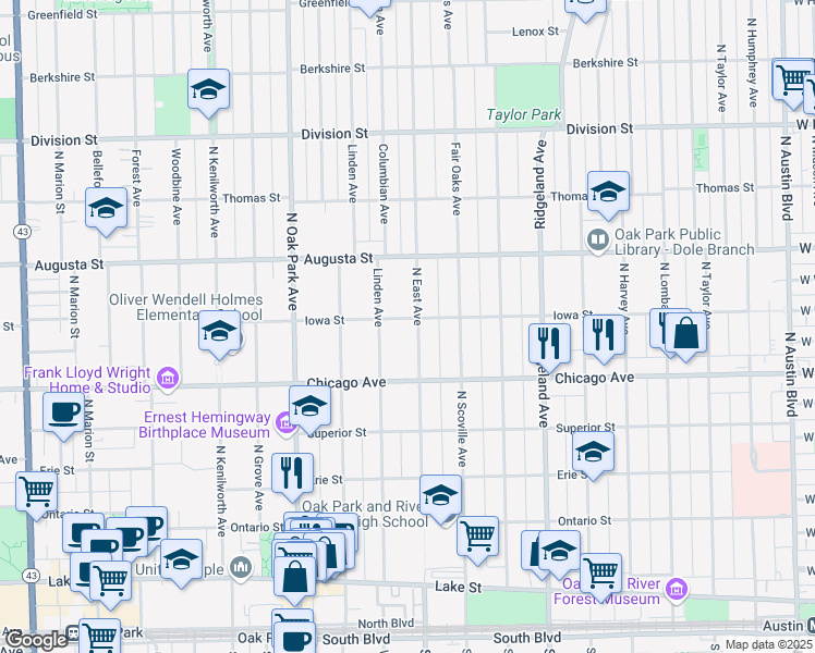 map of restaurants, bars, coffee shops, grocery stores, and more near 605 Iowa Street in Oak Park