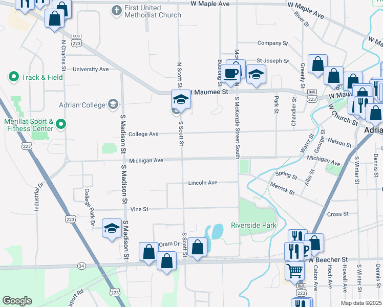 map of restaurants, bars, coffee shops, grocery stores, and more near 960 Michigan Avenue in Adrian