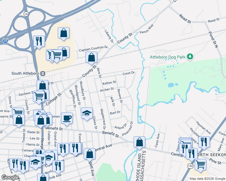 map of restaurants, bars, coffee shops, grocery stores, and more near 70 Archer Street in Pawtucket