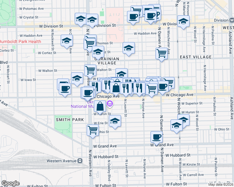 map of restaurants, bars, coffee shops, grocery stores, and more near in Chicago