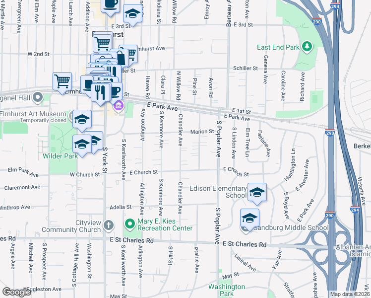 map of restaurants, bars, coffee shops, grocery stores, and more near 155 Chandler Avenue in Elmhurst