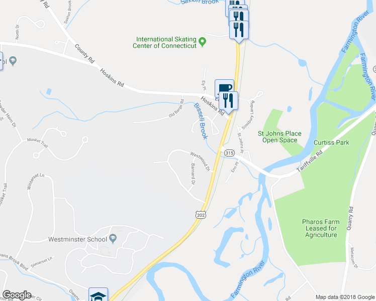map of restaurants, bars, coffee shops, grocery stores, and more near 37 Westwood Drive in Simsbury