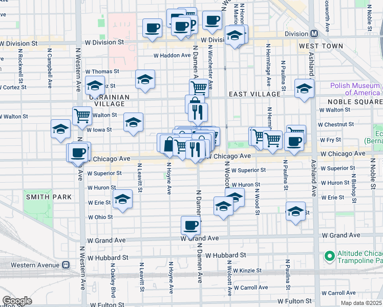 map of restaurants, bars, coffee shops, grocery stores, and more near 2023 West Rice Street in Chicago