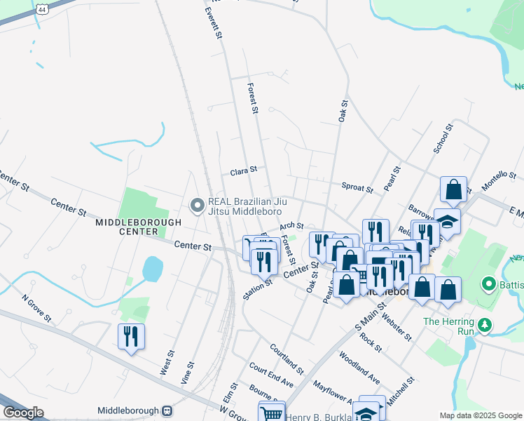 map of restaurants, bars, coffee shops, grocery stores, and more near 30 Forest Street in Middleborough