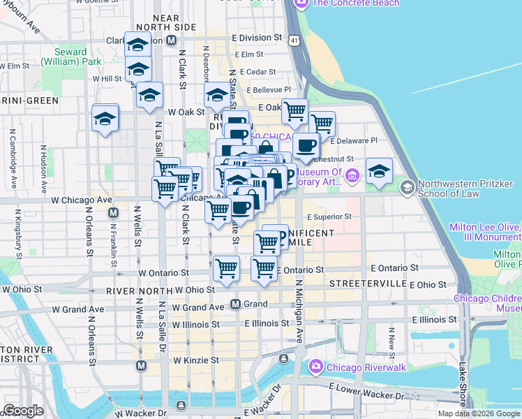 map of restaurants, bars, coffee shops, grocery stores, and more near in Chicago
