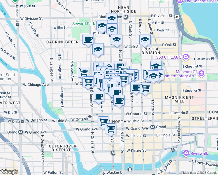 map of restaurants, bars, coffee shops, grocery stores, and more near 201 West Chicago Avenue in Chicago