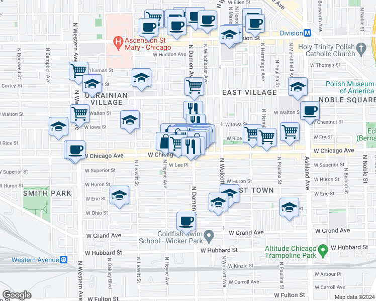map of restaurants, bars, coffee shops, grocery stores, and more near 2023 West Rice Street in Chicago