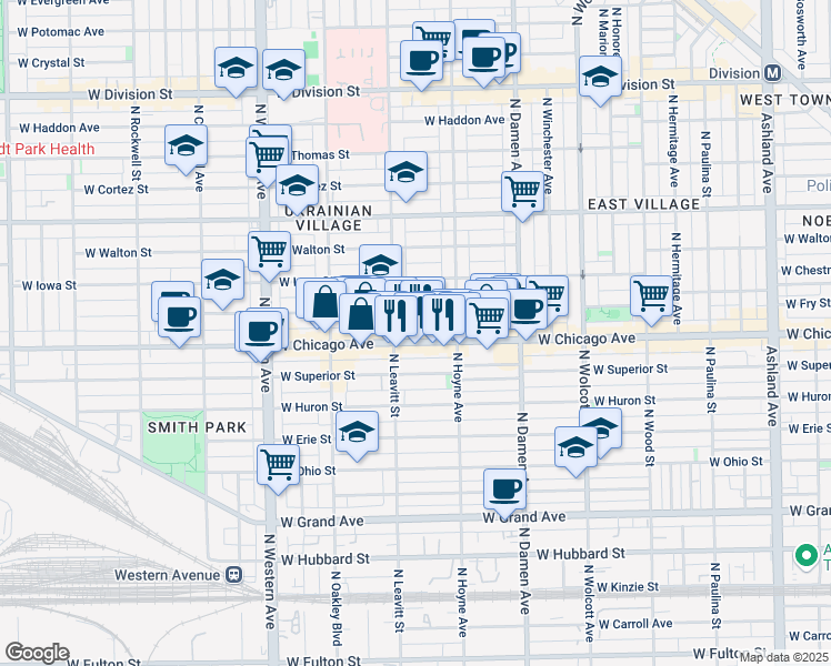 map of restaurants, bars, coffee shops, grocery stores, and more near 2139 West Rice Street in Chicago