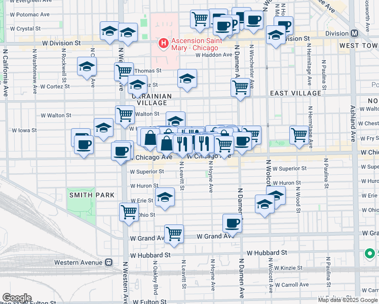 map of restaurants, bars, coffee shops, grocery stores, and more near 2139 West Rice Street in Chicago