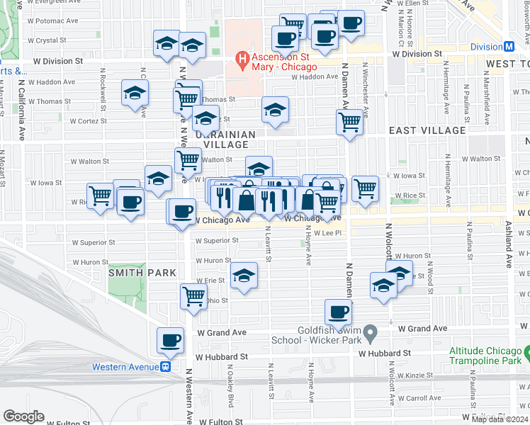 map of restaurants, bars, coffee shops, grocery stores, and more near in Chicago