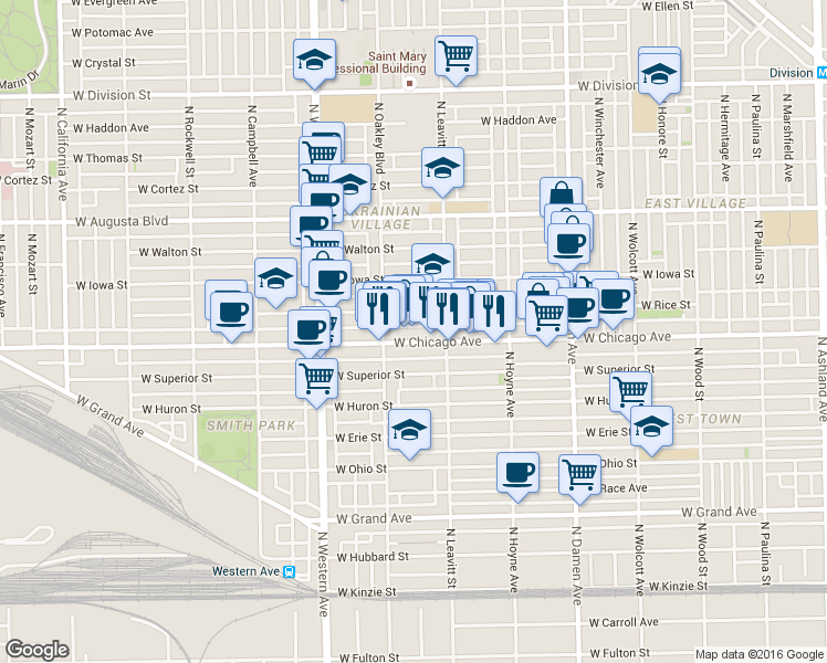 map of restaurants, bars, coffee shops, grocery stores, and more near in Chicago
