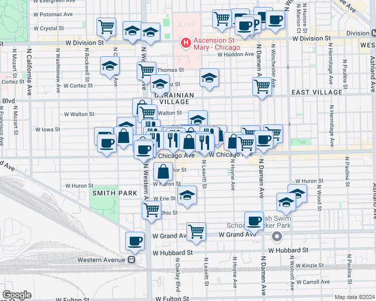 map of restaurants, bars, coffee shops, grocery stores, and more near 821 North Oakley Boulevard in Chicago