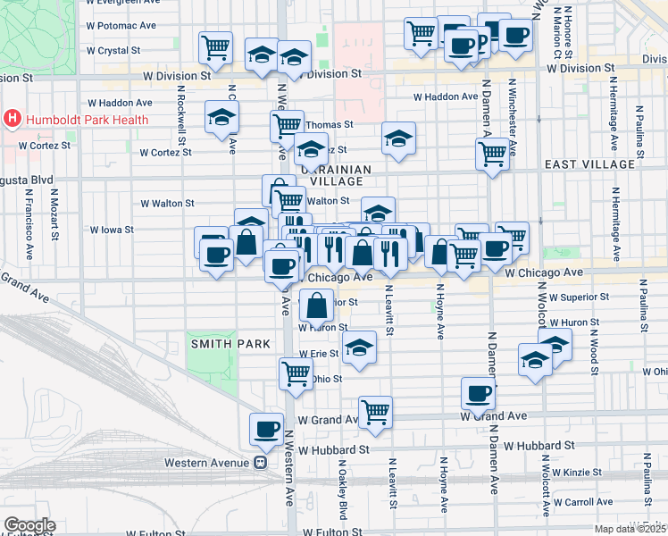 map of restaurants, bars, coffee shops, grocery stores, and more near 821 North Oakley Boulevard in Chicago