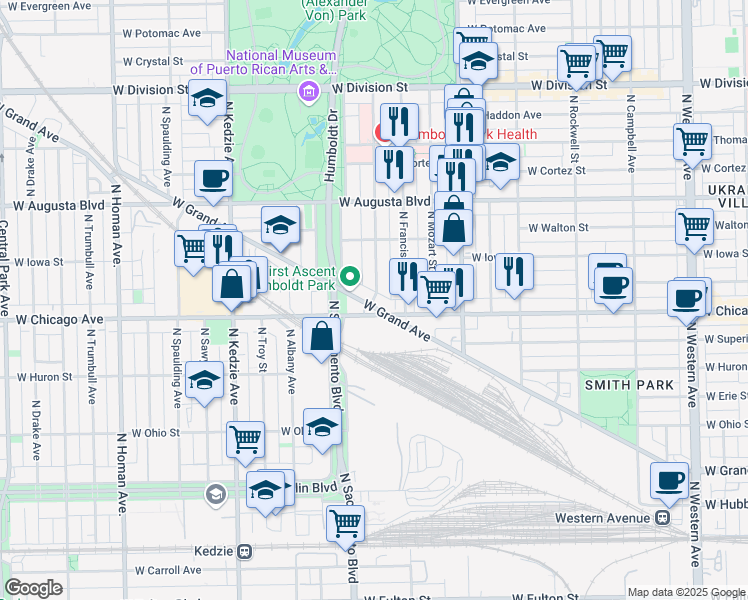 map of restaurants, bars, coffee shops, grocery stores, and more near 828 North Richmond Street in Chicago