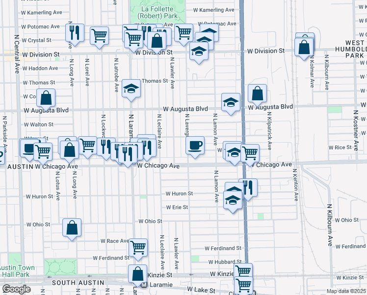 map of restaurants, bars, coffee shops, grocery stores, and more near 849 North Lawler Avenue in Chicago