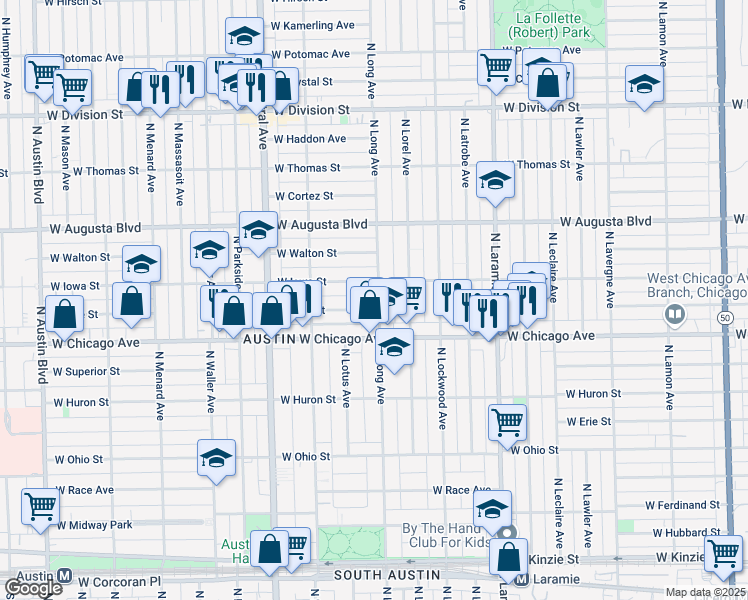 map of restaurants, bars, coffee shops, grocery stores, and more near 5361 West Iowa Street in Chicago
