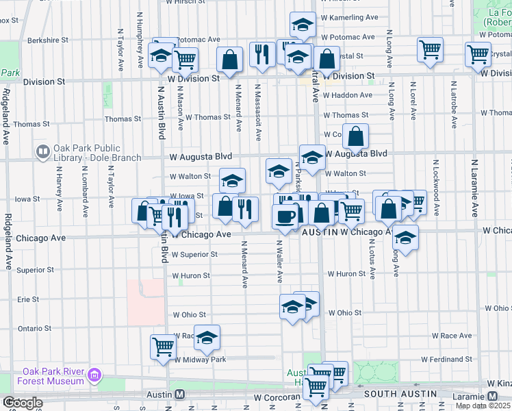 map of restaurants, bars, coffee shops, grocery stores, and more near 5739 West Iowa Street in Chicago