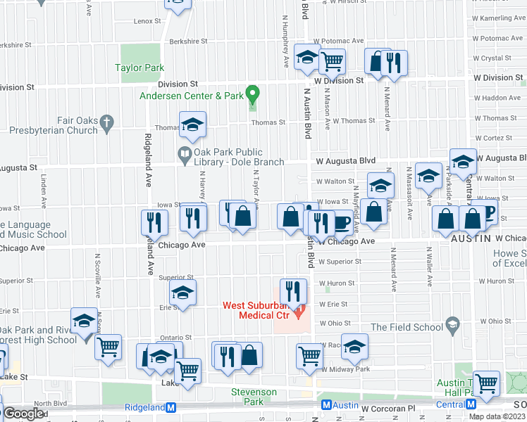 map of restaurants, bars, coffee shops, grocery stores, and more near 115 Iowa Street in Oak Park