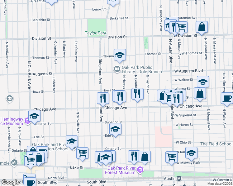 map of restaurants, bars, coffee shops, grocery stores, and more near 260 Iowa Street in Oak Park