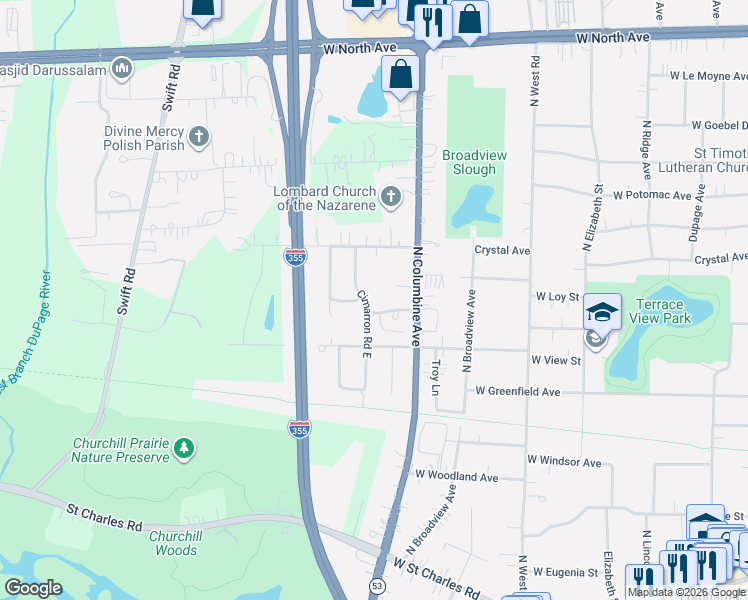 map of restaurants, bars, coffee shops, grocery stores, and more near 339 Cimarron Road West in Lombard
