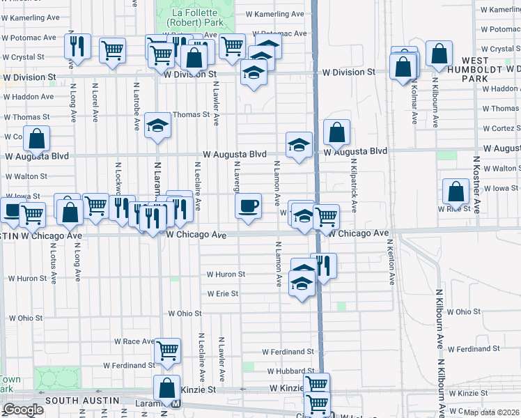 map of restaurants, bars, coffee shops, grocery stores, and more near 4943 West Iowa Street in Chicago