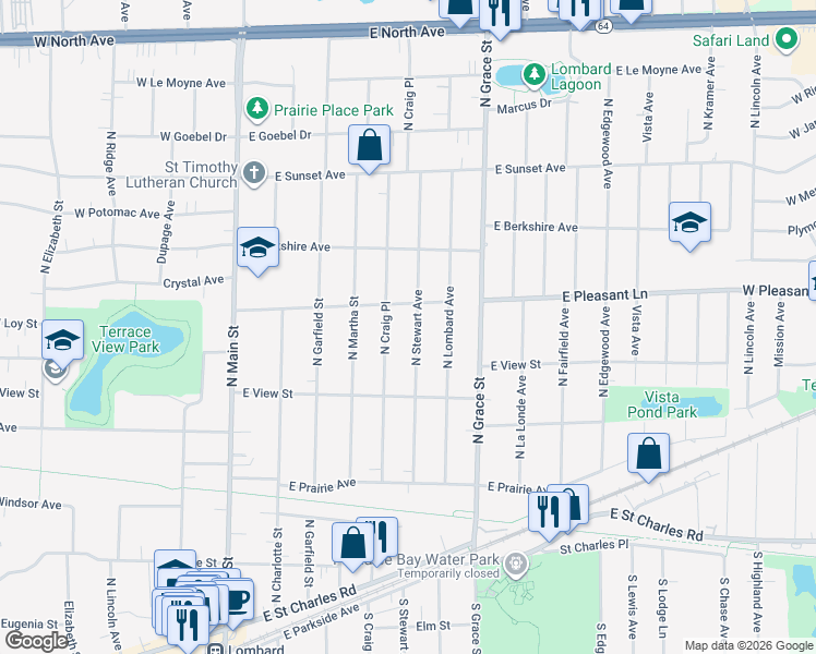 map of restaurants, bars, coffee shops, grocery stores, and more near 364 North Stewart Avenue in Lombard