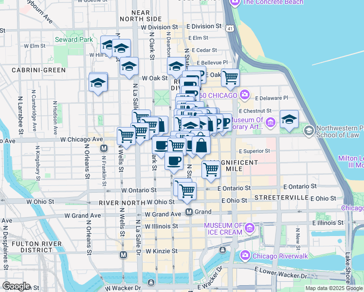 map of restaurants, bars, coffee shops, grocery stores, and more near 14 West Superior Street in Chicago