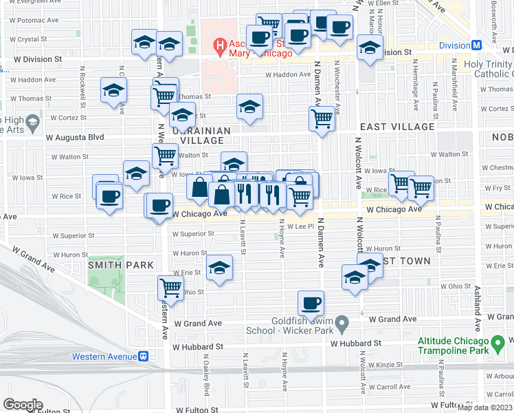 map of restaurants, bars, coffee shops, grocery stores, and more near 2139 West Rice Street in Chicago