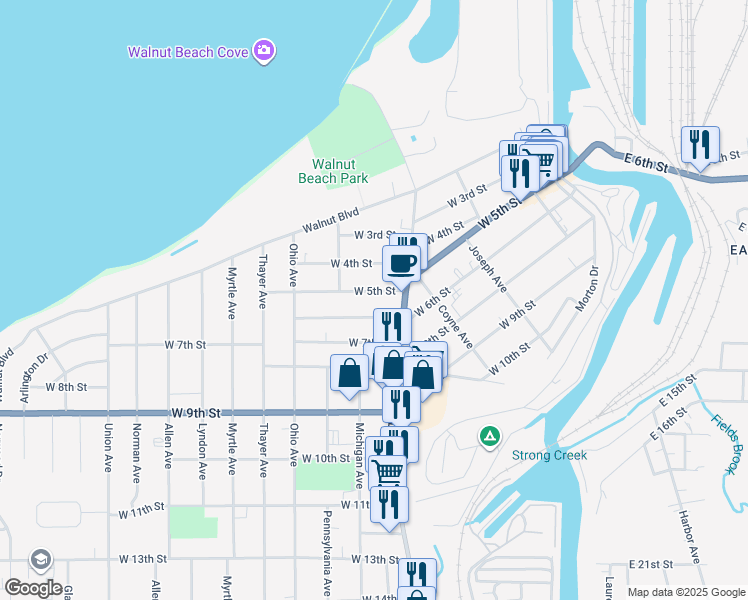map of restaurants, bars, coffee shops, grocery stores, and more near 1645 West 5th Street in Ashtabula
