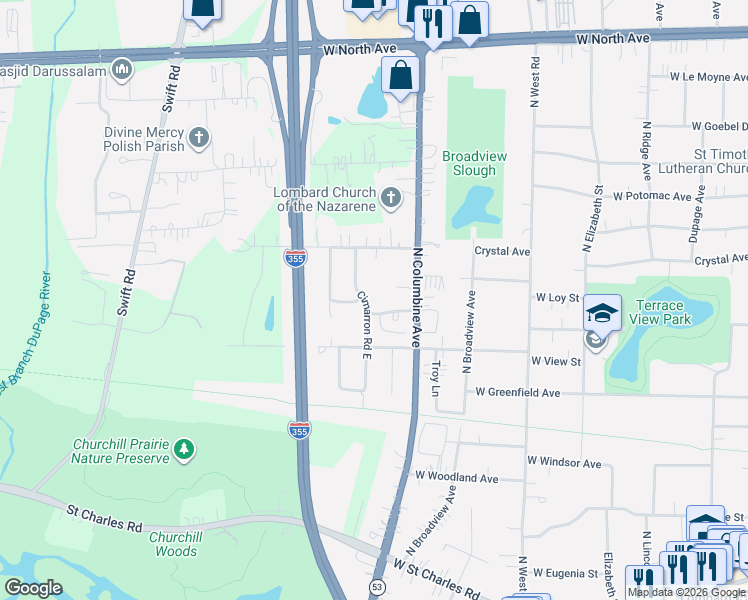 map of restaurants, bars, coffee shops, grocery stores, and more near 339 Cimarron Road West in Lombard