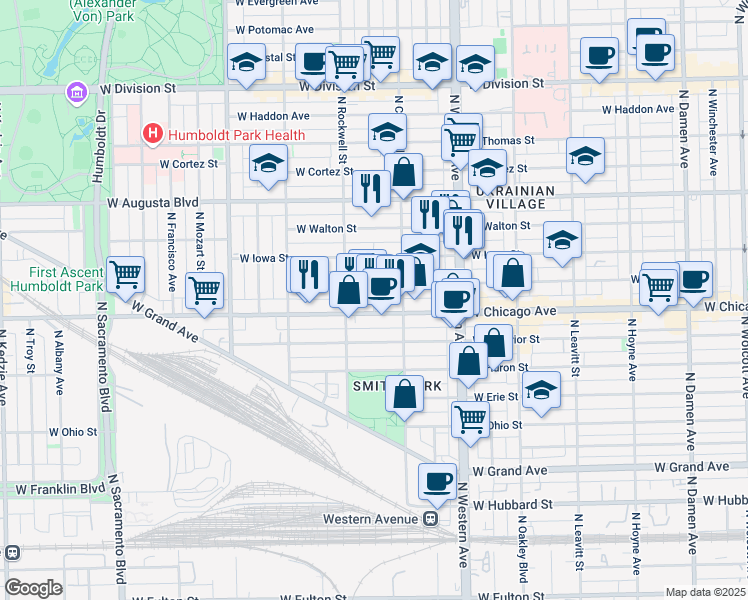 map of restaurants, bars, coffee shops, grocery stores, and more near 825 North Maplewood Avenue in Chicago