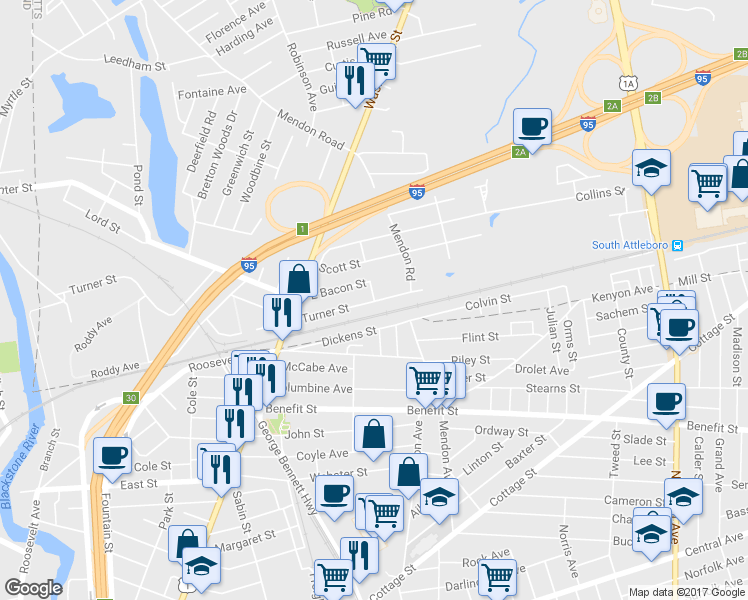 map of restaurants, bars, coffee shops, grocery stores, and more near 9 Longfellow Street in Attleboro