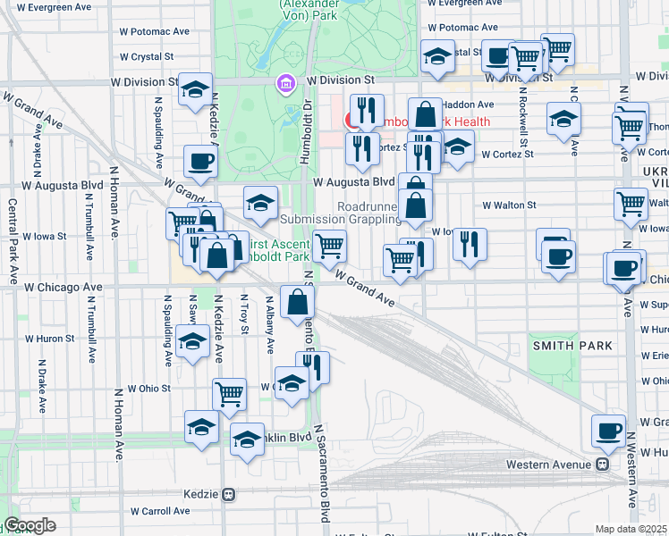 map of restaurants, bars, coffee shops, grocery stores, and more near 828 North Richmond Street in Chicago