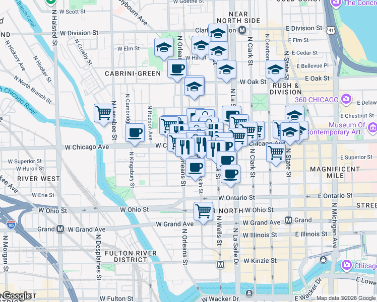 map of restaurants, bars, coffee shops, grocery stores, and more near 757 North Orleans Street in Chicago