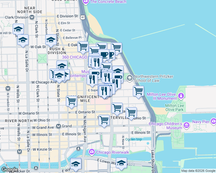 map of restaurants, bars, coffee shops, grocery stores, and more near 250 East Superior Street in Chicago