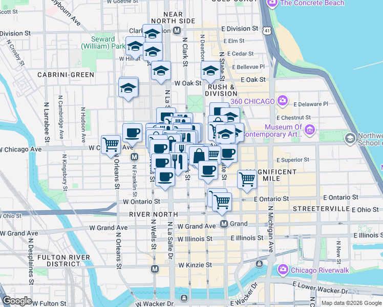 map of restaurants, bars, coffee shops, grocery stores, and more near 105 West Chicago Avenue in Chicago