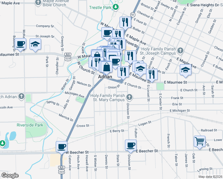 map of restaurants, bars, coffee shops, grocery stores, and more near 127 Union Street in Adrian