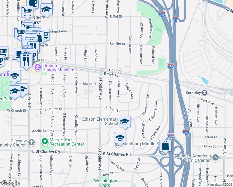 map of restaurants, bars, coffee shops, grocery stores, and more near 141 South Linden Avenue in Bellwood