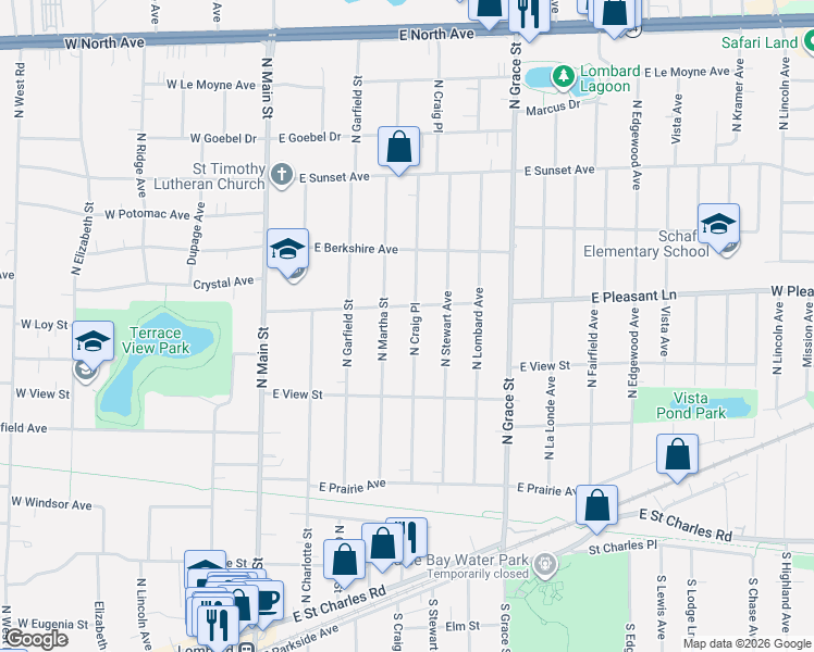 map of restaurants, bars, coffee shops, grocery stores, and more near 356 North Craig Place in Lombard