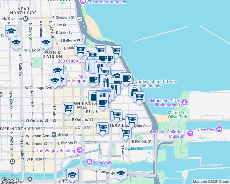 map of restaurants, bars, coffee shops, grocery stores, and more near 310 East Superior Street in Chicago