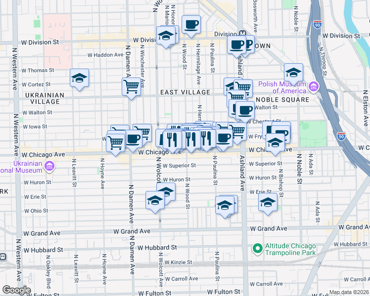 map of restaurants, bars, coffee shops, grocery stores, and more near 1800 West Chicago Avenue in Chicago