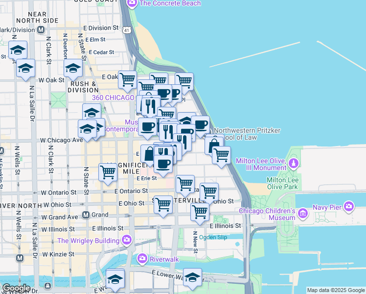 map of restaurants, bars, coffee shops, grocery stores, and more near 310 East Superior Street in Chicago