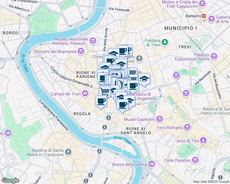 map of restaurants, bars, coffee shops, grocery stores, and more near 19 Via dell'Arco della Ciambella in Roma