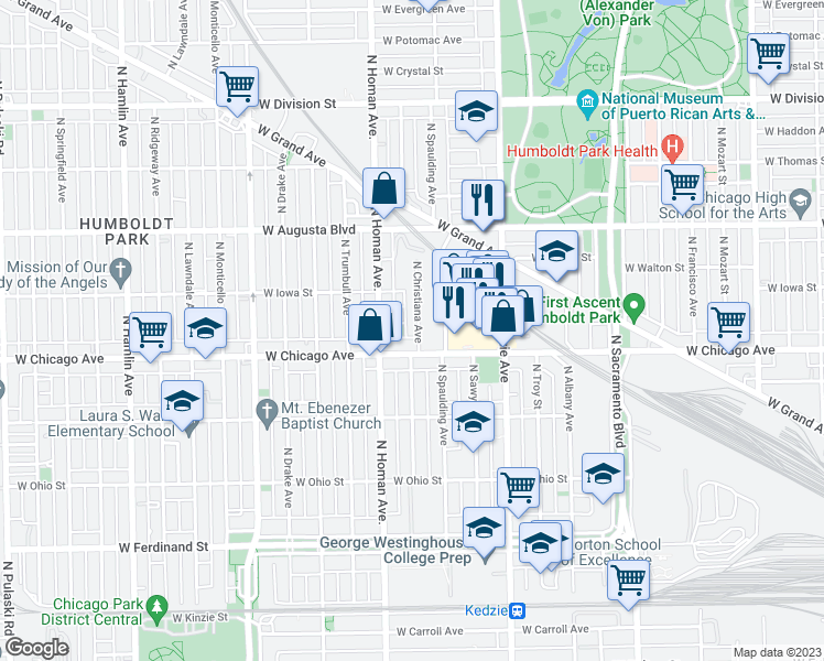 map of restaurants, bars, coffee shops, grocery stores, and more near 820 North Christiana Avenue in Chicago