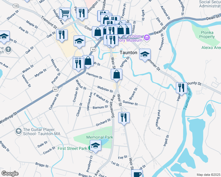 map of restaurants, bars, coffee shops, grocery stores, and more near 9 Webster Street in Taunton