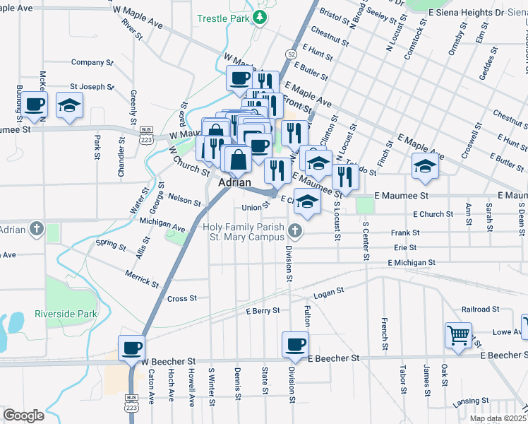 map of restaurants, bars, coffee shops, grocery stores, and more near 127 Union Street in Adrian