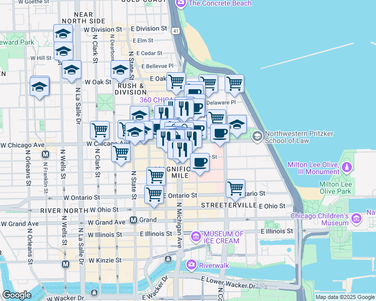map of restaurants, bars, coffee shops, grocery stores, and more near 777 Michigan Avenue in Chicago