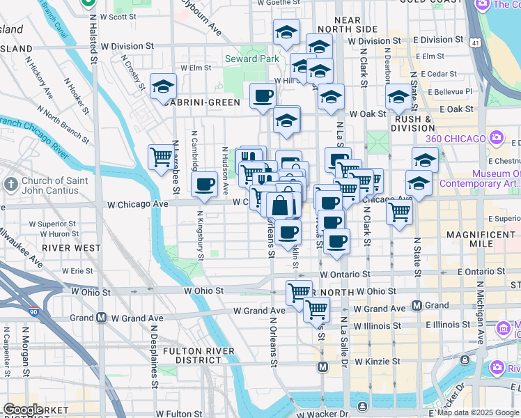 map of restaurants, bars, coffee shops, grocery stores, and more near 364 West Chicago Avenue in Chicago