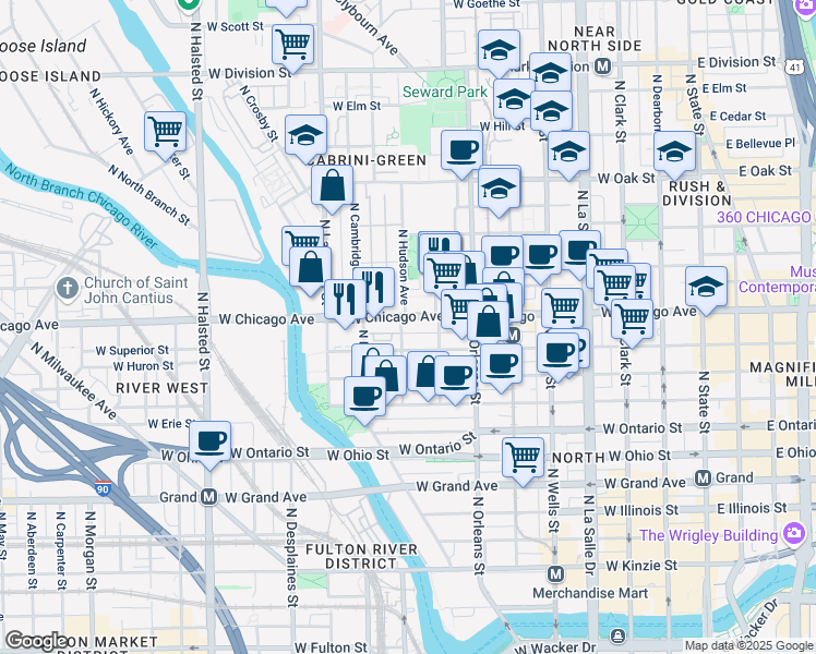 map of restaurants, bars, coffee shops, grocery stores, and more near in Chicago