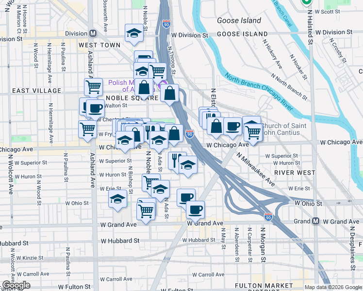 map of restaurants, bars, coffee shops, grocery stores, and more near 801 North Elizabeth Street in Chicago